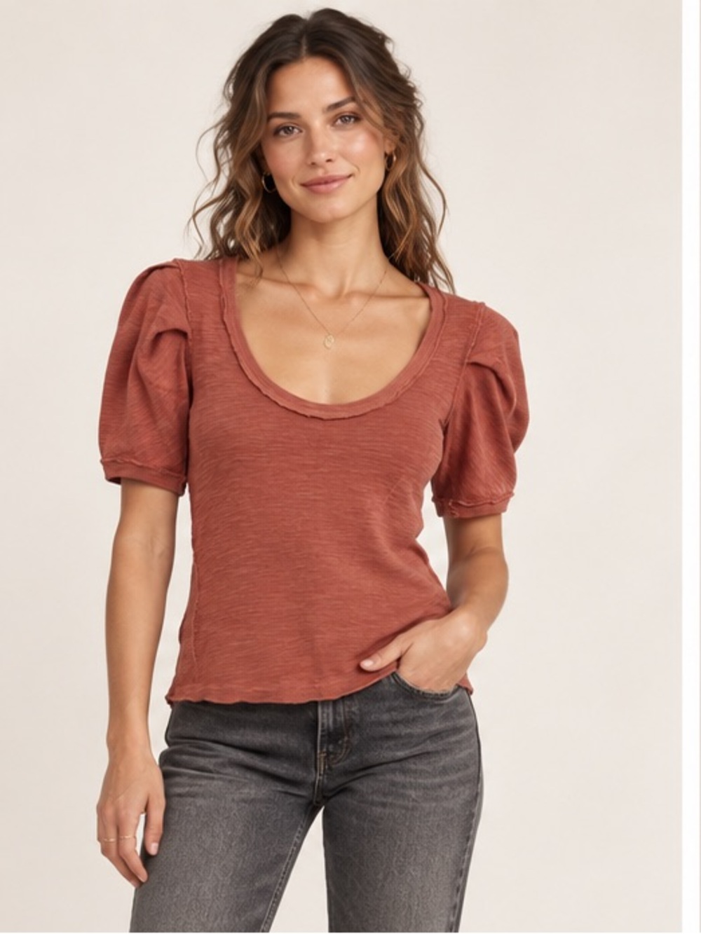 We The Free Dusty Rose Short Sleeve Puff Sleeves Scoop Neck Boho Grunge Top Sm